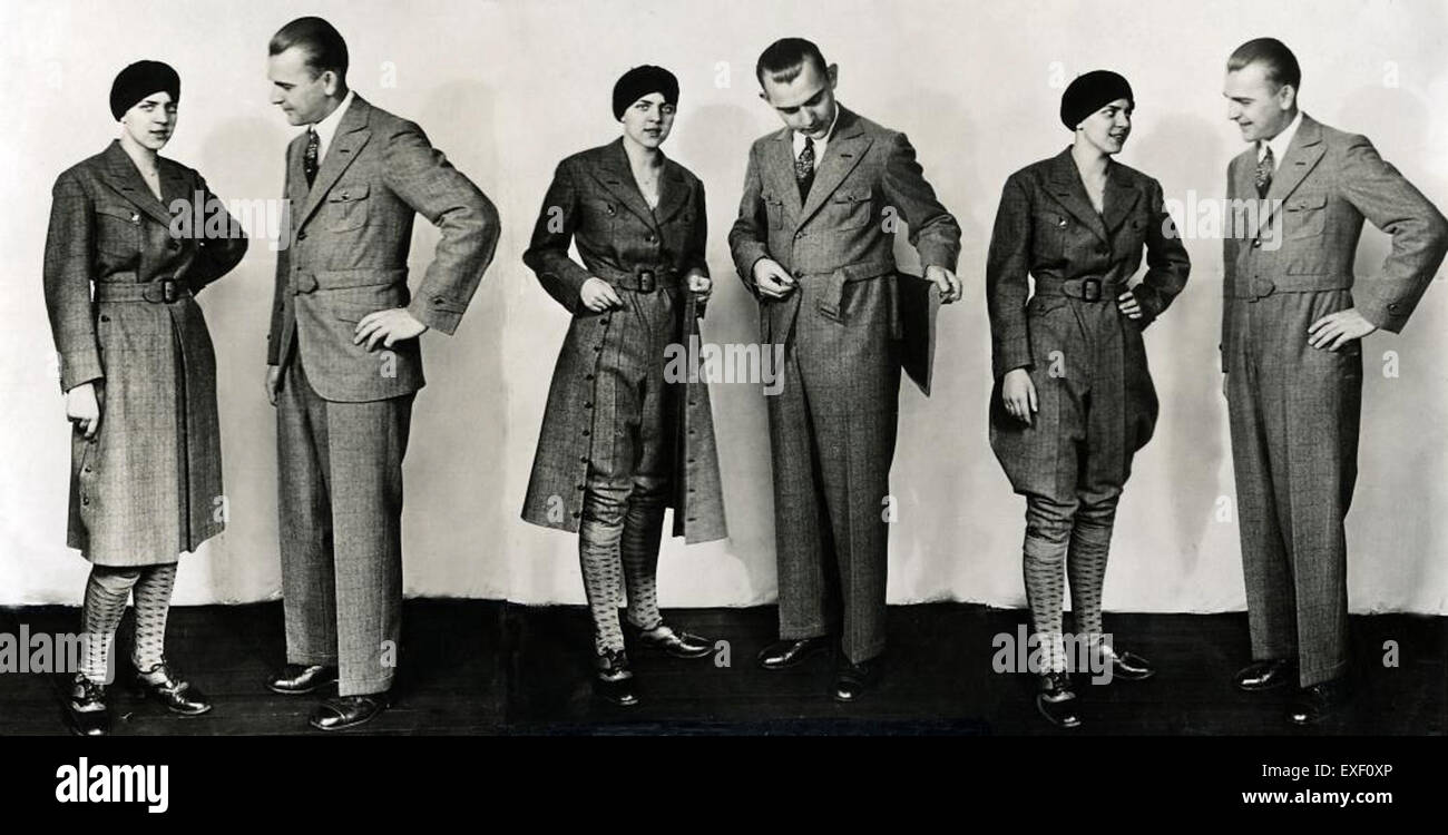 Questa immagine mostra la trasformazione dall'abbigliamento da lavoro formale all'abbigliamento sportivo, illustrando l'evoluzione pratica della moda in risposta alle esigenze moderne e ai cambiamenti dello stile di vita. Foto Stock