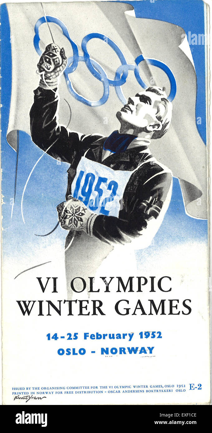 Questa brochure delle Olimpiadi invernali 1952 di Oslo fornisce un resoconto visivo e storico dell'evento. L'opuscolo, parte della storia olimpica, mostra il significato culturale dei giochi e lo sviluppo degli sport invernali. Mette in evidenza la partecipazione di atleti provenienti da tutto il mondo ai Giochi invernali di Oslo 1952. Foto Stock