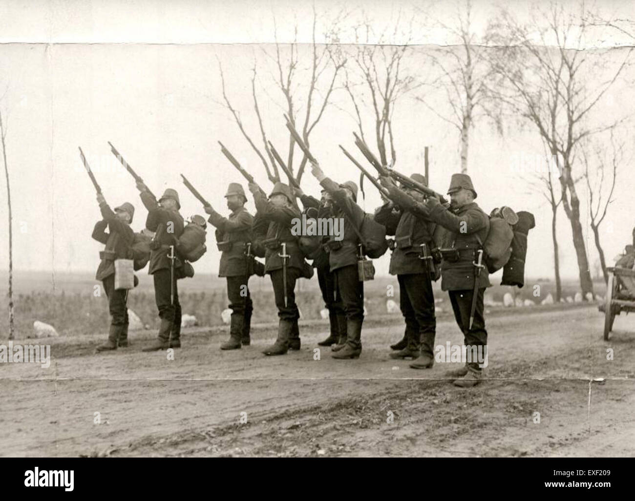 Questa immagine cattura i combattimenti aerei durante la prima guerra mondiale, mostrando i primi sviluppi della guerra aerea. Sottolinea l'uso di aerei da combattimento, combattimenti aerei e l'importanza strategica dell'aviazione nelle operazioni militari. Foto Stock