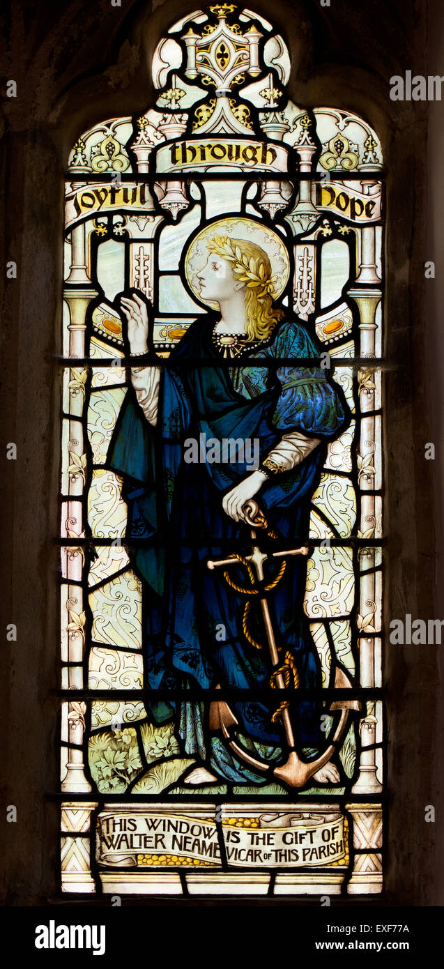 Speranza in vetro colorato, Santa Maria Vergine Chiesa, Padbury, Buckinghamshire, Inghilterra, Regno Unito Foto Stock