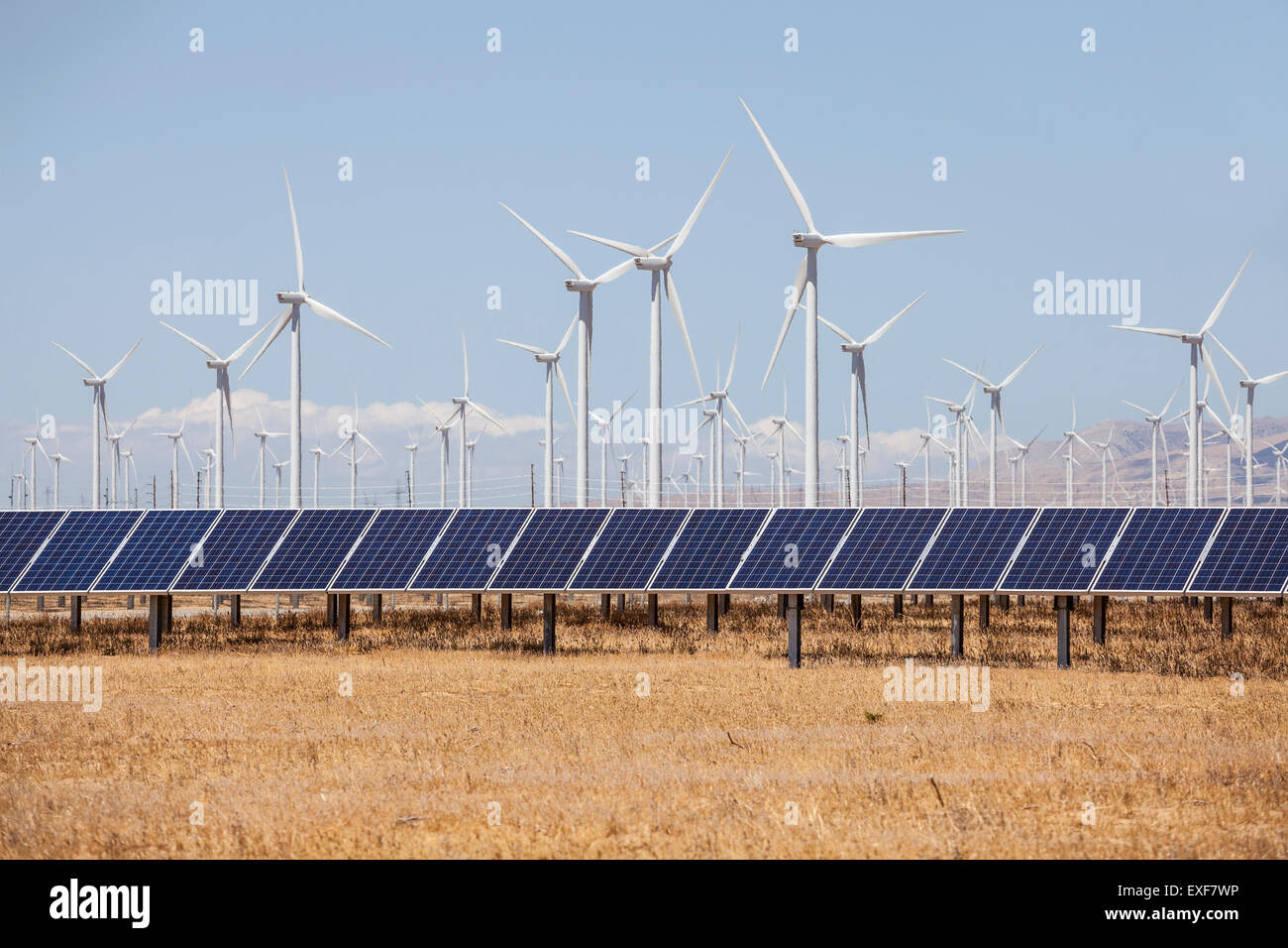 Mulini a vento e pannelli solari produzione alternativa di energia. Foto Stock