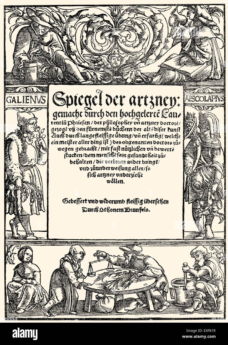Pagina del titolo di un libro di farmaceutici, Spiegel der Artzney, da Laurentius Phries o Phryese, 1529, Foto Stock