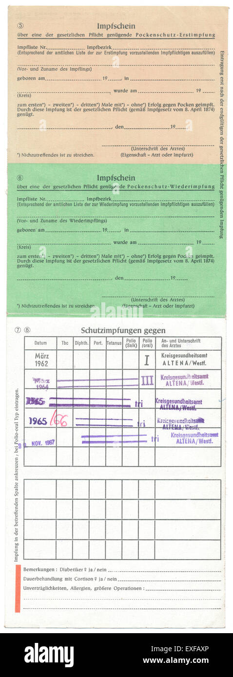 La vaccinazione carta record, Germania, 1960, EUROPA Foto Stock
