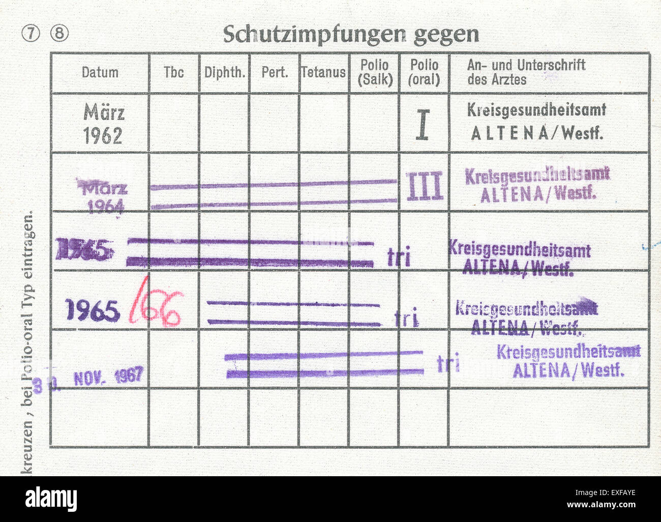 La vaccinazione carta record, Germania, 1960, EUROPA Foto Stock