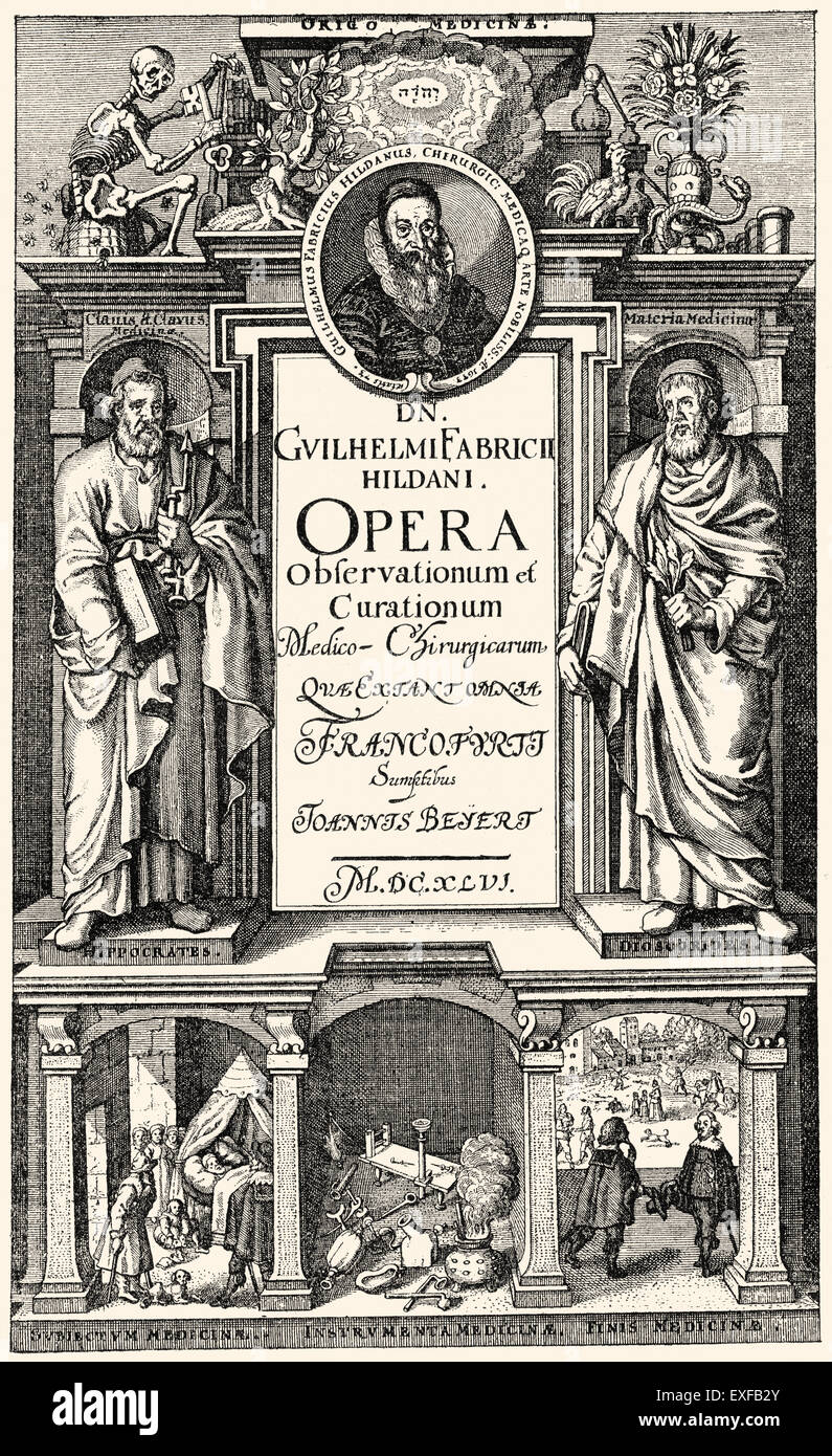 Titlepage del medico di libro: Observationum et Curationum Chirurgicarum Centuriae, da Wilhelm Fabry o William di Fabry, Foto Stock