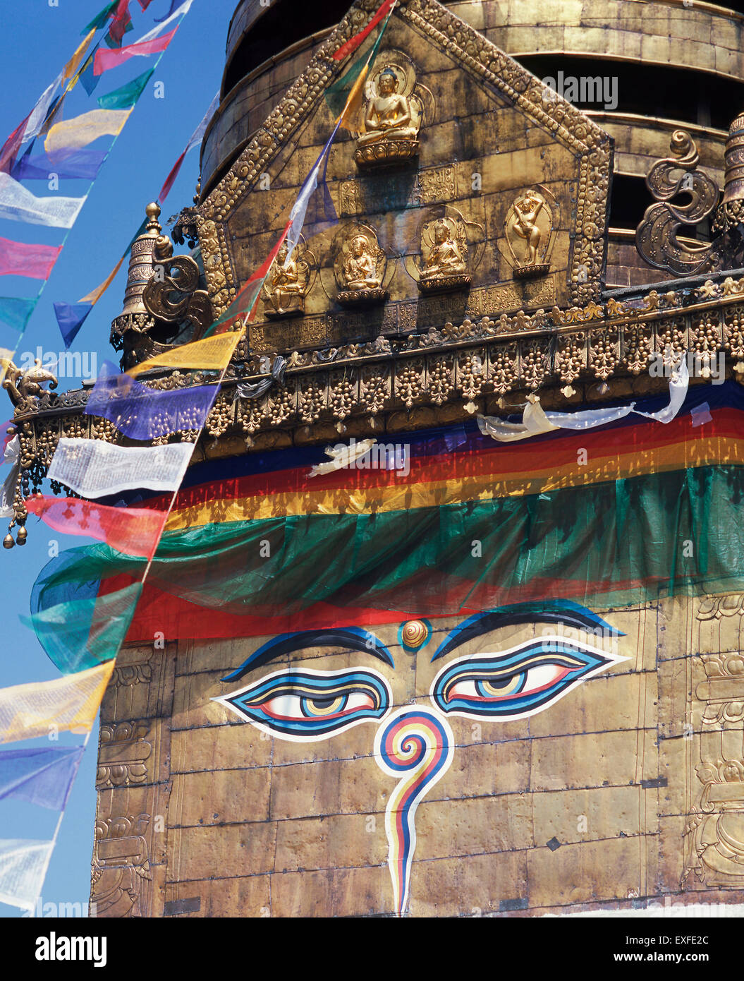 Dettaglio degli occhi su lo Stupa di Swayambhunath, Kathmandu, Nepal Foto Stock