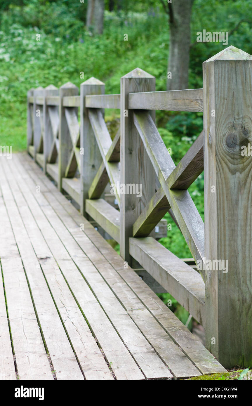 Ringhiera e recinzione di ponte di legno nel parco Foto Stock