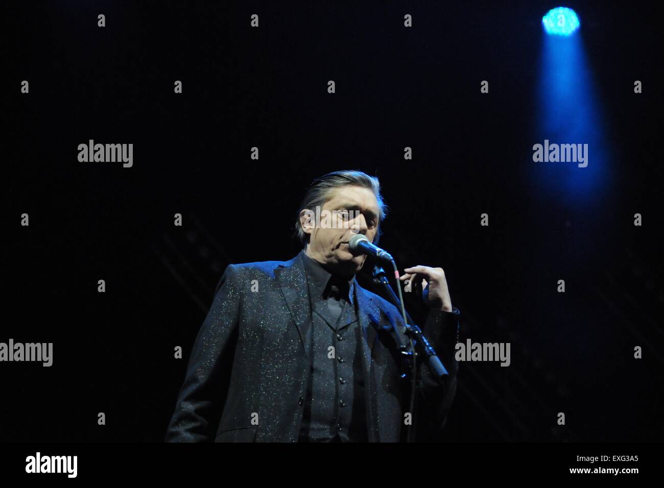 Il cantante Blixa Bargeld della band tedesca Einsturzende Neubauten esegue durante il festival di musica Pohoda in Trencin, Slovacchia, 10 luglio 2015. (CTK foto/Tomas Tkacik) Foto Stock