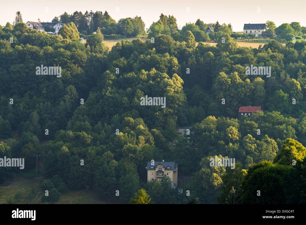 Paesaggio con case, Svizzera Sassone, in Sassonia, Germania, Europa Foto Stock