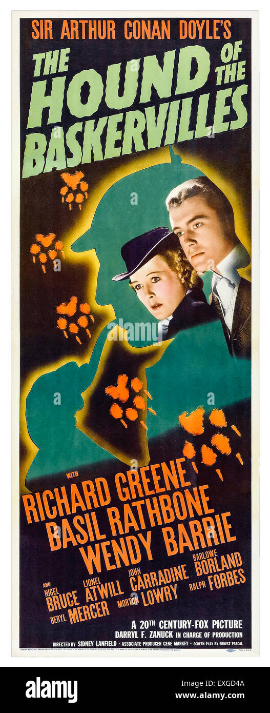 'L'Hound del Baskervilles' 1939 manifesto teatrale per il film diretto da Sidney Lanfield e interpretato da Basil Rathbone come Sherlock Holmes. Vedere la descrizione per maggiori informazioni. Foto Stock