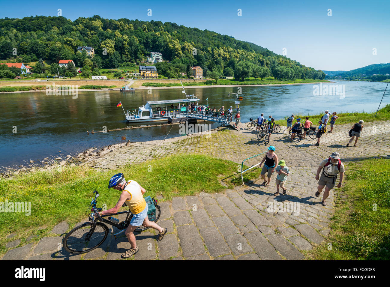 Traghetti passeggeri al di là del fiume Elba a Konigstein, Svizzera sassone (Sachsische Schweiz), Sassonia, Germania Foto Stock