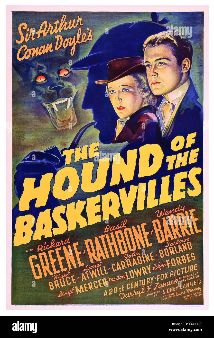 'L'Hound del Baskervilles' 1939 manifesto teatrale per il film diretto da Sidney Lanfield e interpretato da Basil Rathbone come Sherlock Holmes. Foto Stock