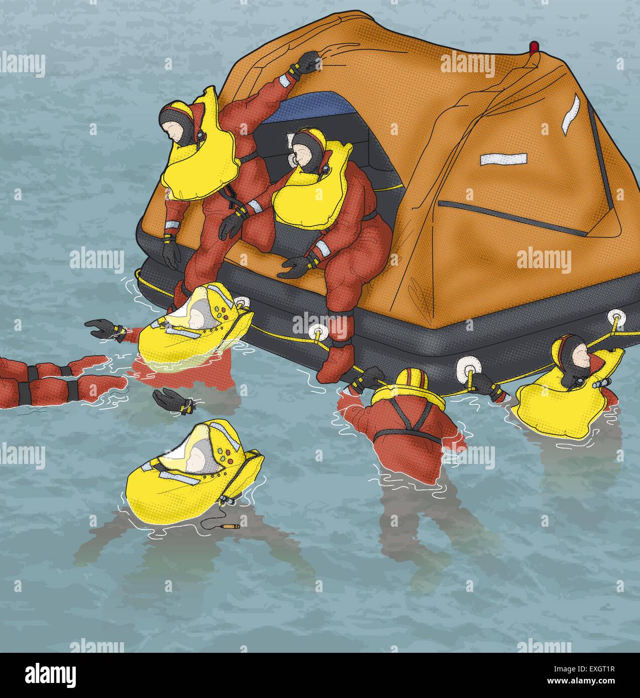 Digital composito di due uomini su zattera di salvataggio di uomini in acqua al di sotto di Foto Stock