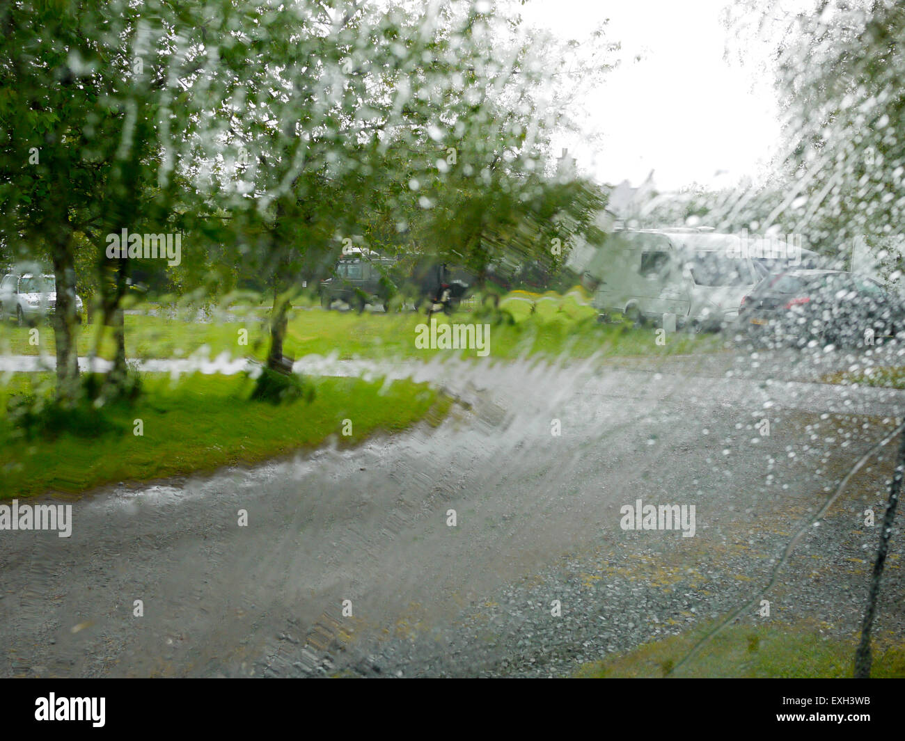 Le condizioni meteo avverse sul campeggio scozzese, Scotland, Regno Unito. Foto Stock