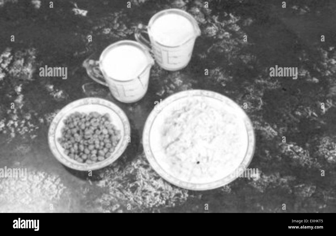 Questa immagine mette in risalto i piatti della comunità mennonita di Goshen, Indiana, con cavolo, piselli verdi e latte. La fotografia sottolinea il valore nutrizionale di questi alimenti locali, concentrandosi in particolare sugli ingredienti ricchi di niacina. Foto Stock