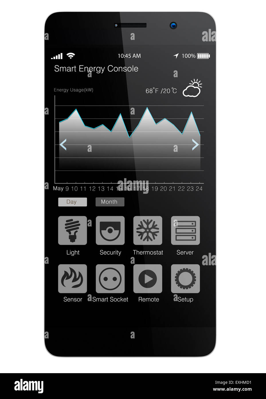 Smart phone app per la visualizzazione rapida di consumo di energia e di controllo dei sistemi di automazione. Foto Stock