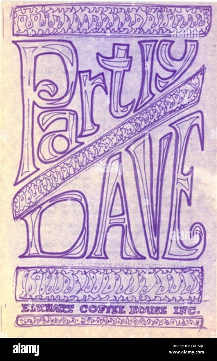 Questa grafica intitolata "parzialmente Dave" rappresenta la Elkhart Coffee House Corporation, un'organizzazione di servizi sociali guidata dalla comunità in Indiana. Il design si concentra sul ruolo della caffetteria nella fornitura di servizi sociali e sul suo impatto sulla comunità locale. Foto Stock