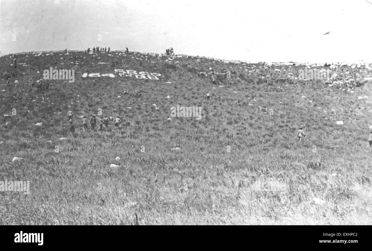 Un cartello in pietra su una collina, contrassegnato con "58 CO, 164th DB 1", commemora probabilmente una specifica unità militare o un evento storico. La posizione del cartello su una collina suggerisce che faccia parte di un monumento o di un sito di storia militare. Foto Stock