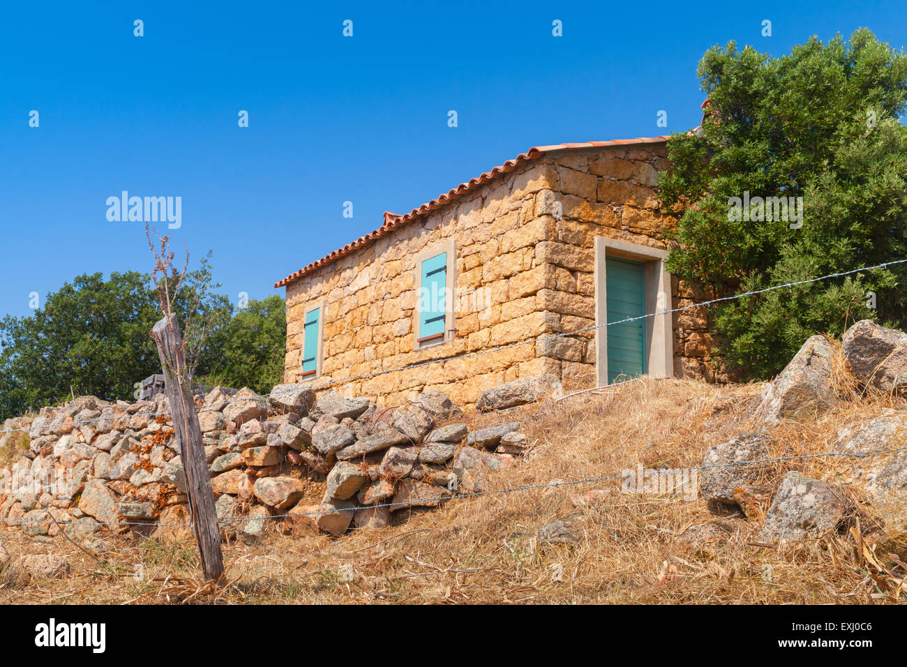 Tipicamente il paesaggio rurale della Corsica del Sud, Francia. Vecchia casa di pietra e alberi Foto Stock