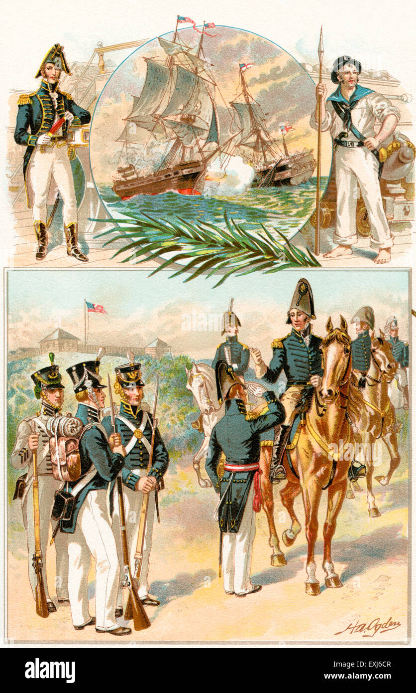 Esercito degli Stati Uniti e le uniformi della Marina Militare durante la guerra del 1812. Foto Stock
