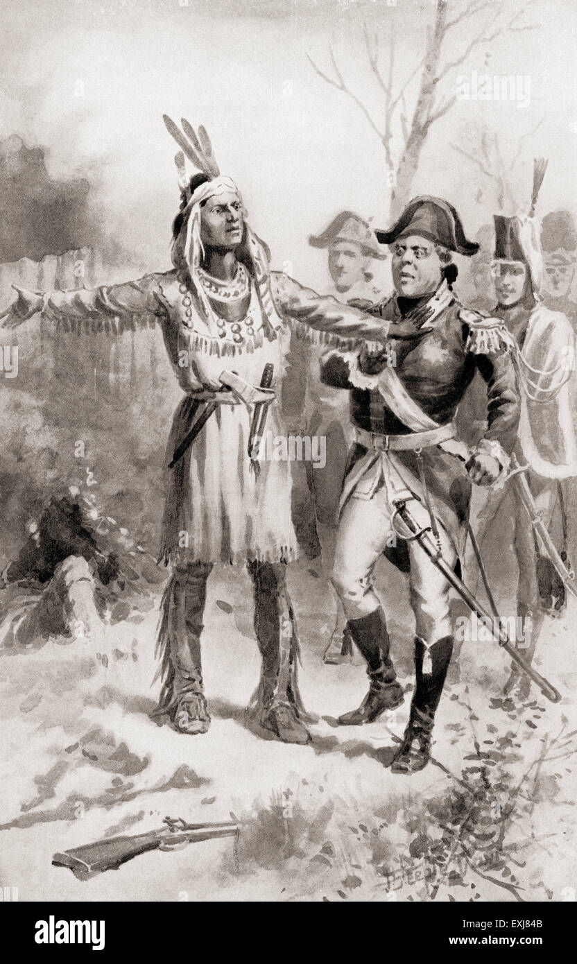 Rimprovera Tecumseh Ispettore generale per la ritirata durante la battaglia del Tamigi aka la battaglia di Moraviantown che era parte della guerra del 1812. Tecumseh, 1768 - 1813. Nativo americana leader della Shawnee e una grande confederazione tribale, noto come Tecumseh la Confederazione. Henry Patrick Procter o Proctor, 1763 - 1822. General Maggiore britannico che ha servito in Canada durante la guerra del 1812. Foto Stock