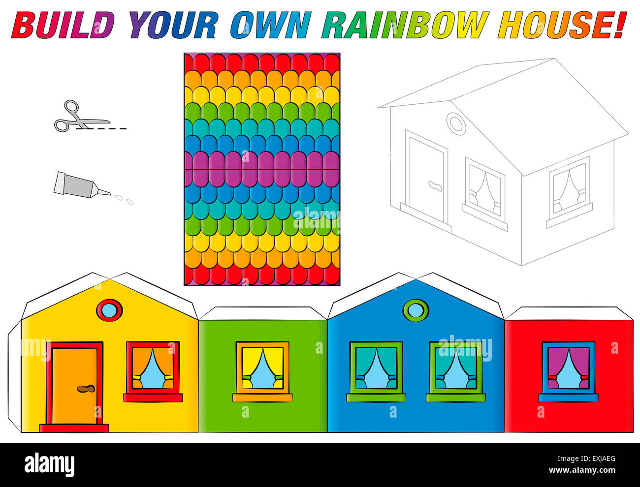 Modello di carta di un divertente arcobaleno casa colorati. Immagine su sfondo bianco. Foto Stock
