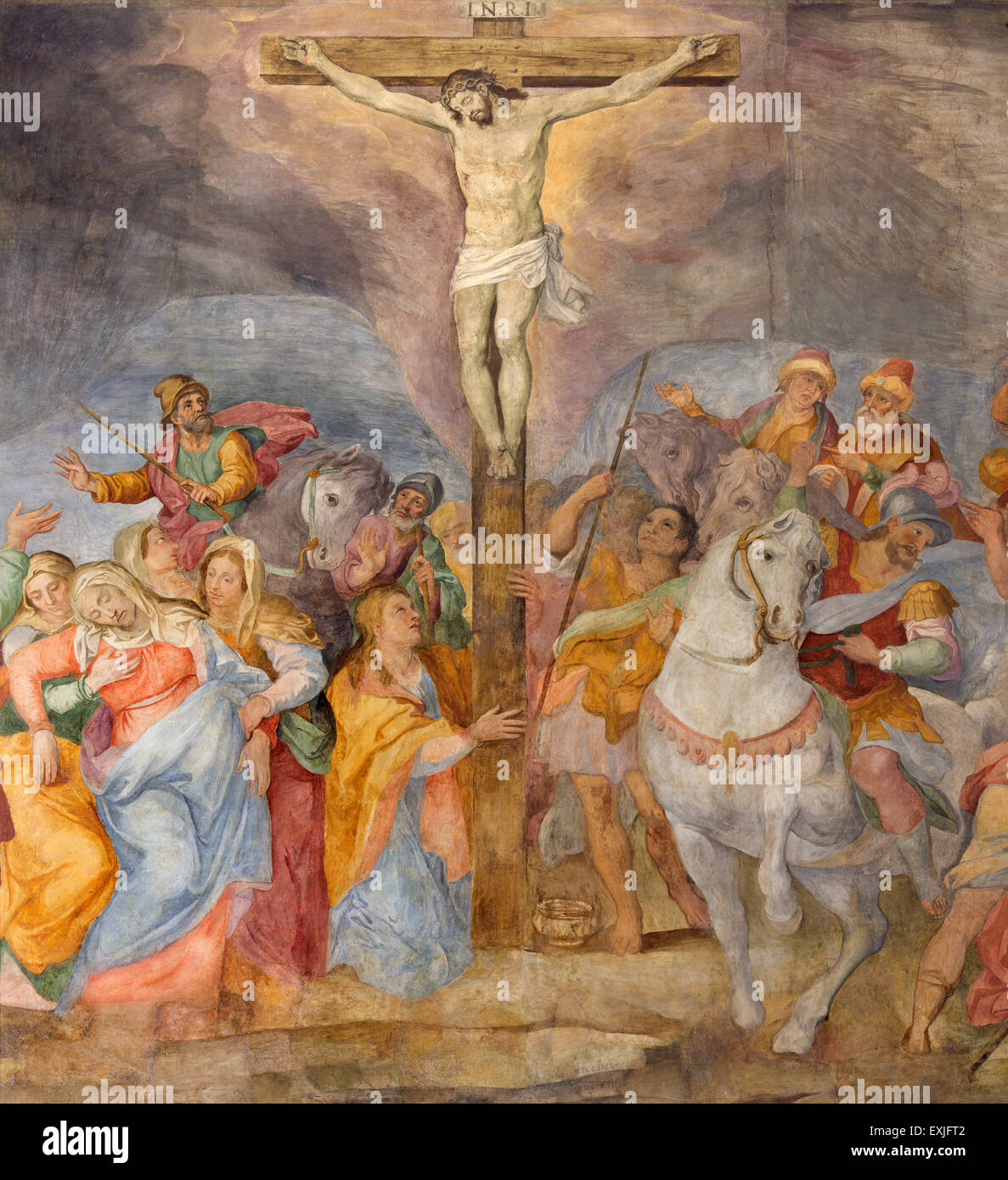 Roma, Italia - 25 Marzo 2015: il dettaglio della Crocifissione affresco nella Chiesa di San Marcello al Corso di G. B. Ricci (1613). Foto Stock