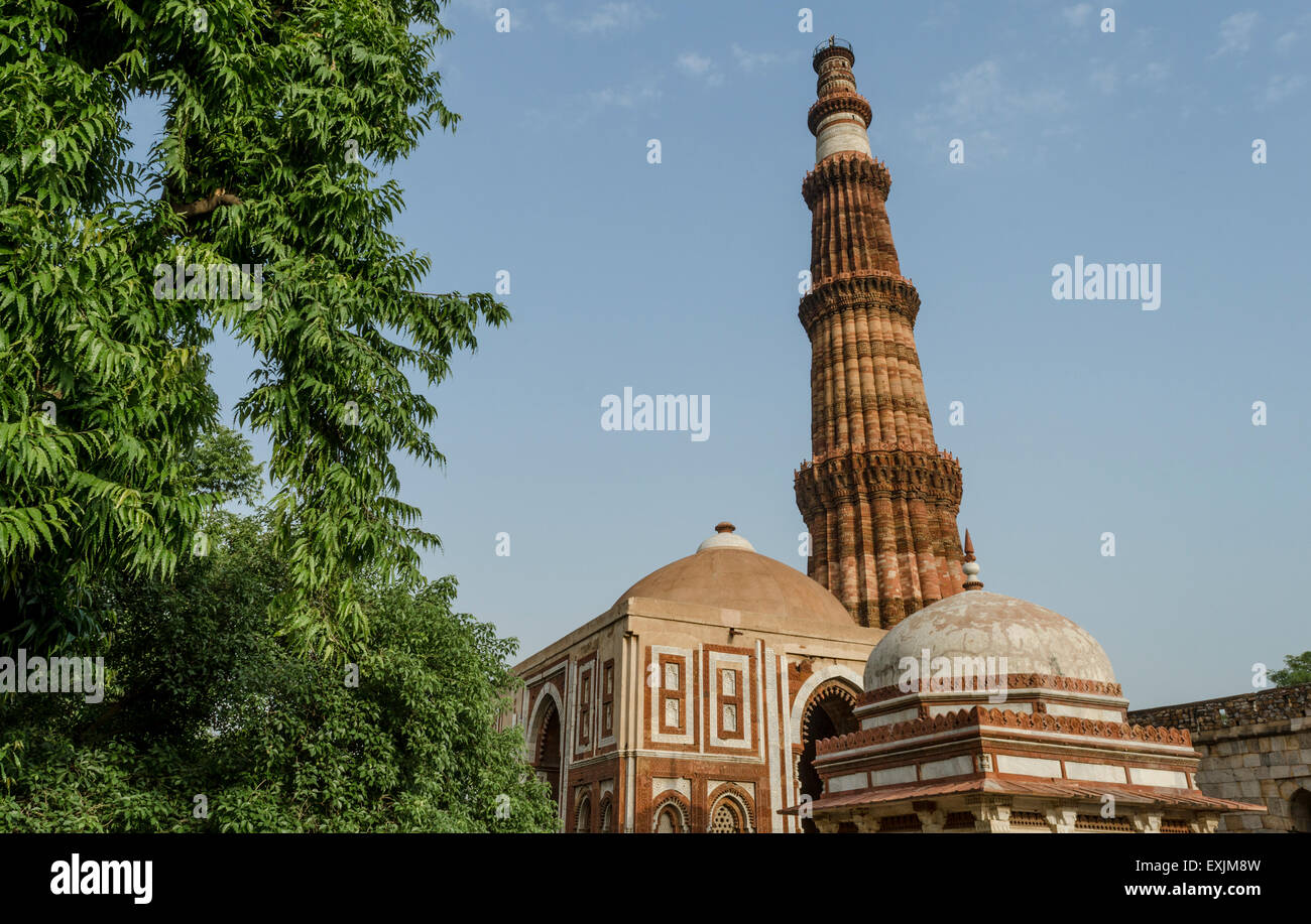 I monumenti del complesso di Qutub NEW DELHI Qutub Minar ALAI DARWAZA TOMBA DI IMAM ZAMIN con cielo blu e verde Foto Stock