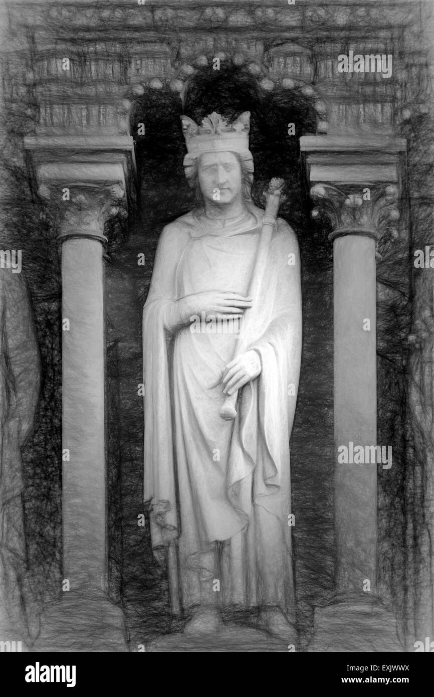 Indietro e white creata digitalmente schizzo di una statua di pietra. Foto Stock