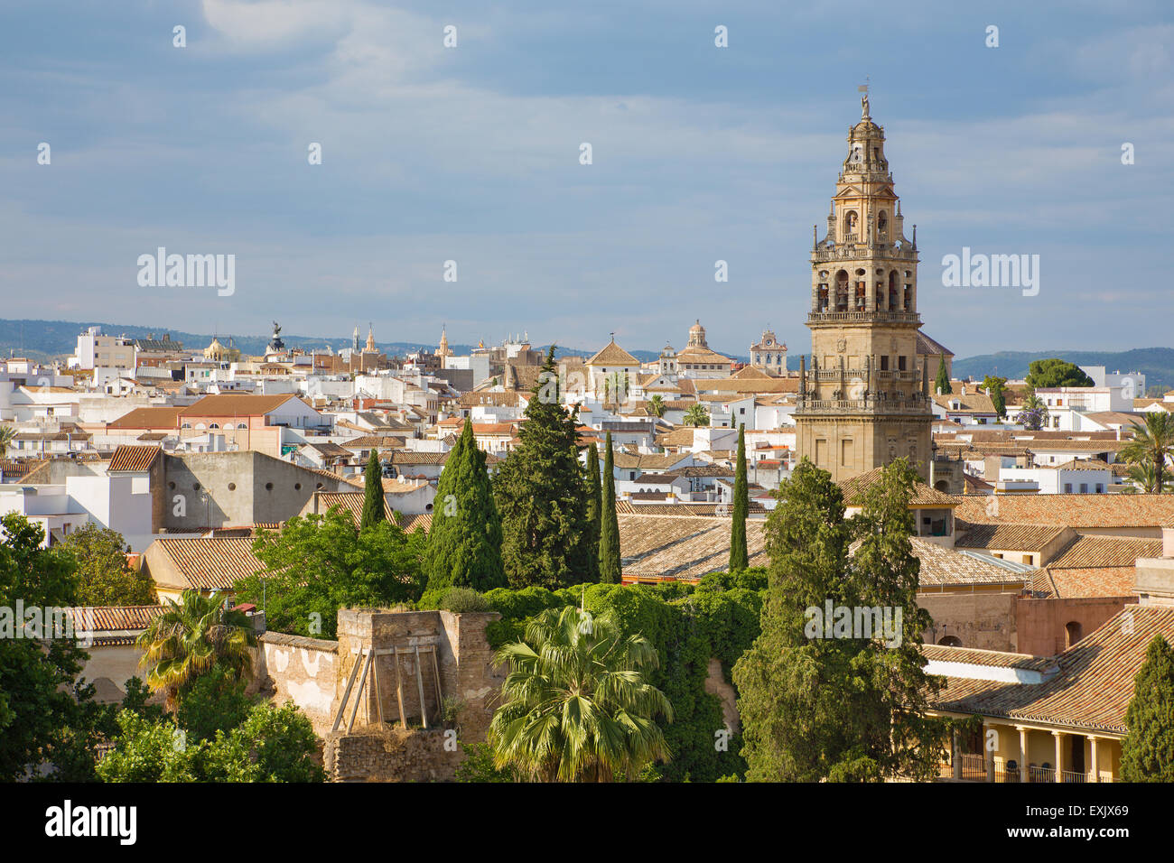 Cordoba - l'outlook dal castello Alcazar de los Reyes Cristianos per la torre della cattedrale. Foto Stock