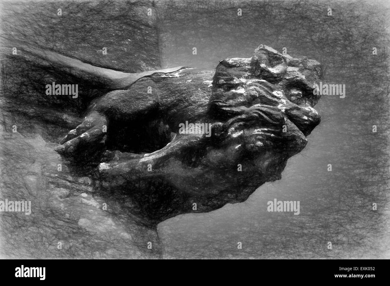 Gargoyle, Black & White, illustrazione, arte, matita, schizzo, digitale, chiesa, creatura di pietra, Foto Stock