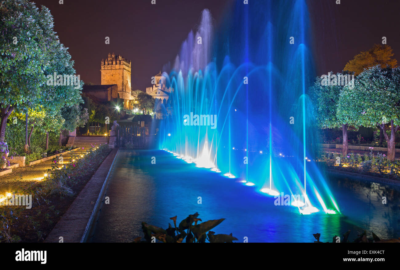 CORDOBA, Spagna - 25 Maggio 2015: fontane mostra nei giardini dell'Alcazar de los Reyes Cristianos castello di notte. Foto Stock