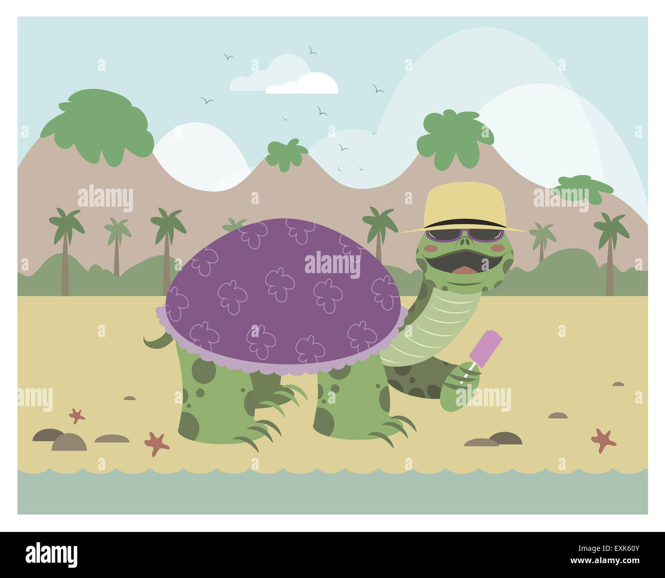 La tartaruga su una spiaggia a mangiare il gelato in modificabile file vettoriali Foto Stock