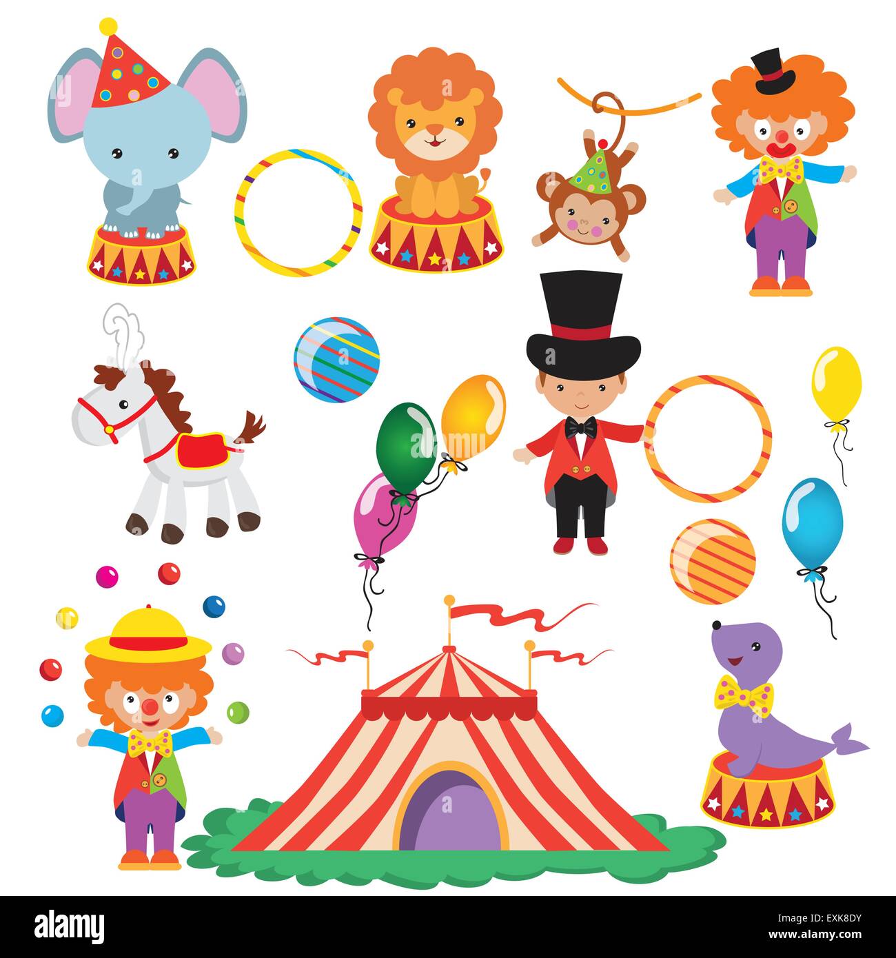 Circus,circus tamer,clown,animale da circo,guarnizione Circus Circus,scimmia,circus lion,circus cavallo,circus elephant,isolato,vettore Illustrazione Vettoriale