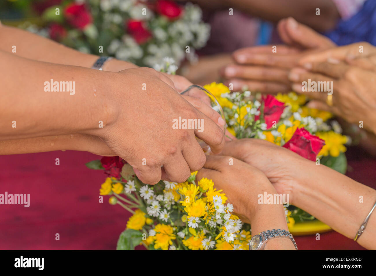 Versare l'acqua sulle mani di venerata dagli anziani e dà la benedizione di Songkran festival Foto Stock