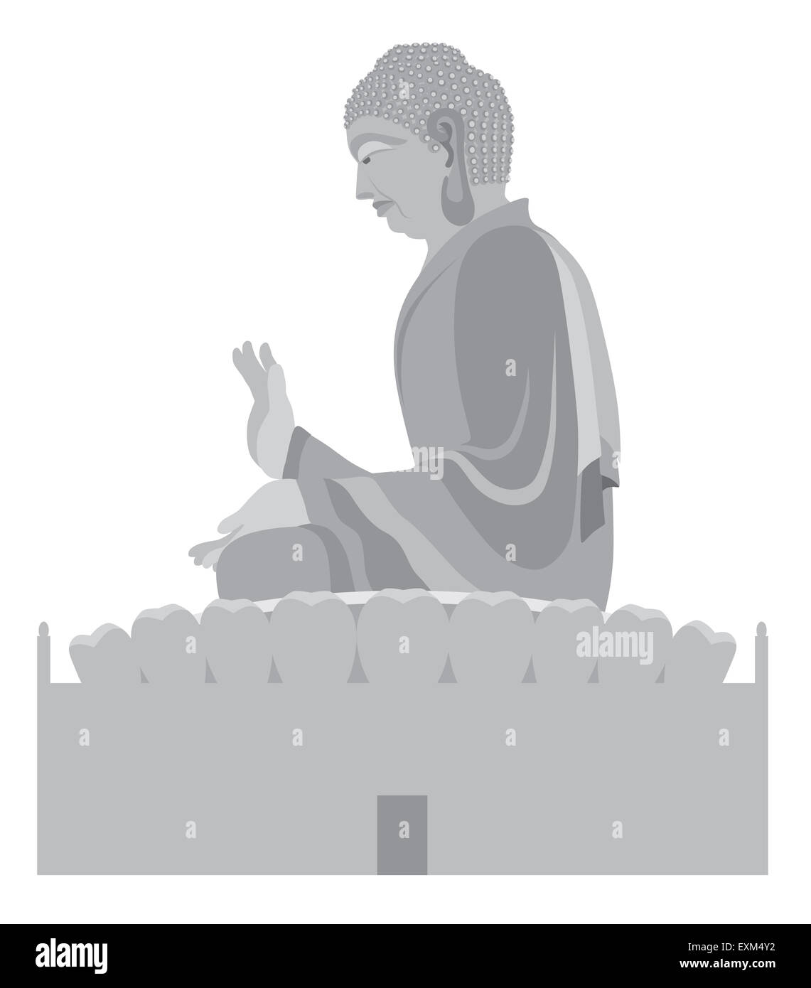 Big Buddha asiatica seduta su Lotus Pad statua illustrazione in scala di grigi Foto Stock
