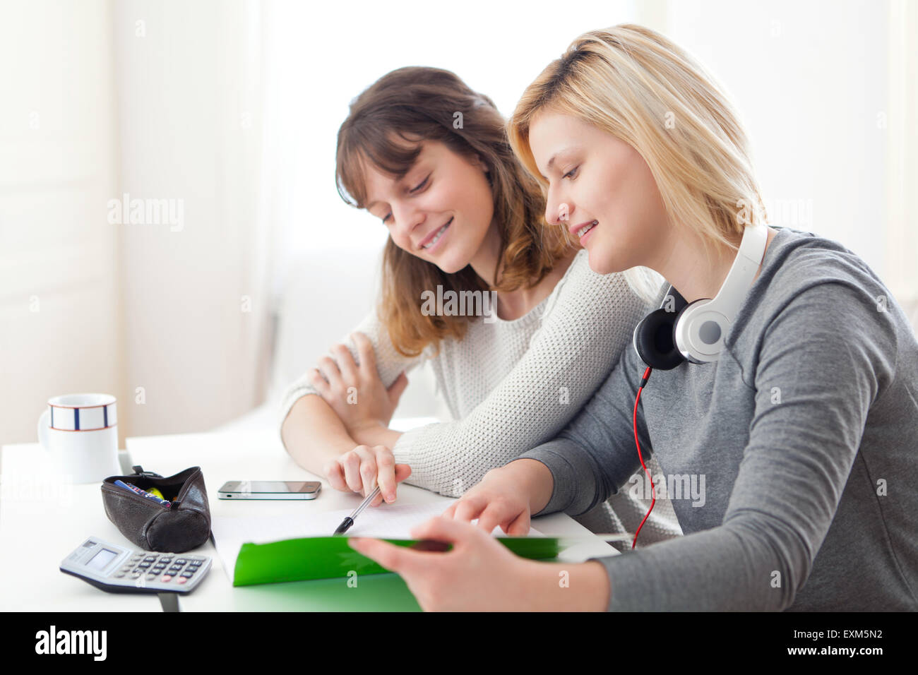 Vista di un giovane insegnante aiutare uno studente durante i suoi compiti Foto Stock
