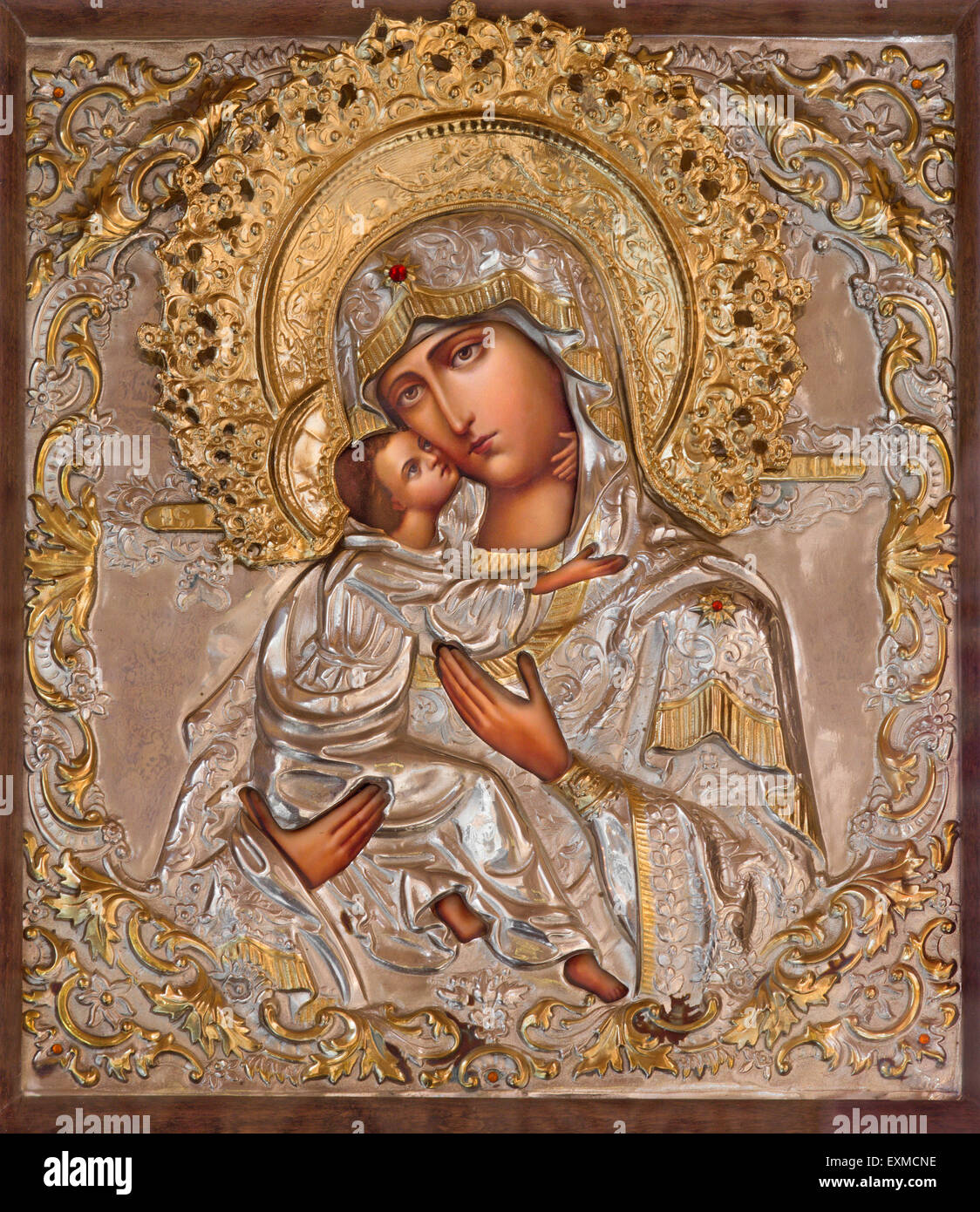 Gerusalemme, Israele - 5 Marzo 2015: l'icona della Madonna nella chiesa ortodossa russa di Santa Maria di Magdala Di artista sconosciuto Foto Stock