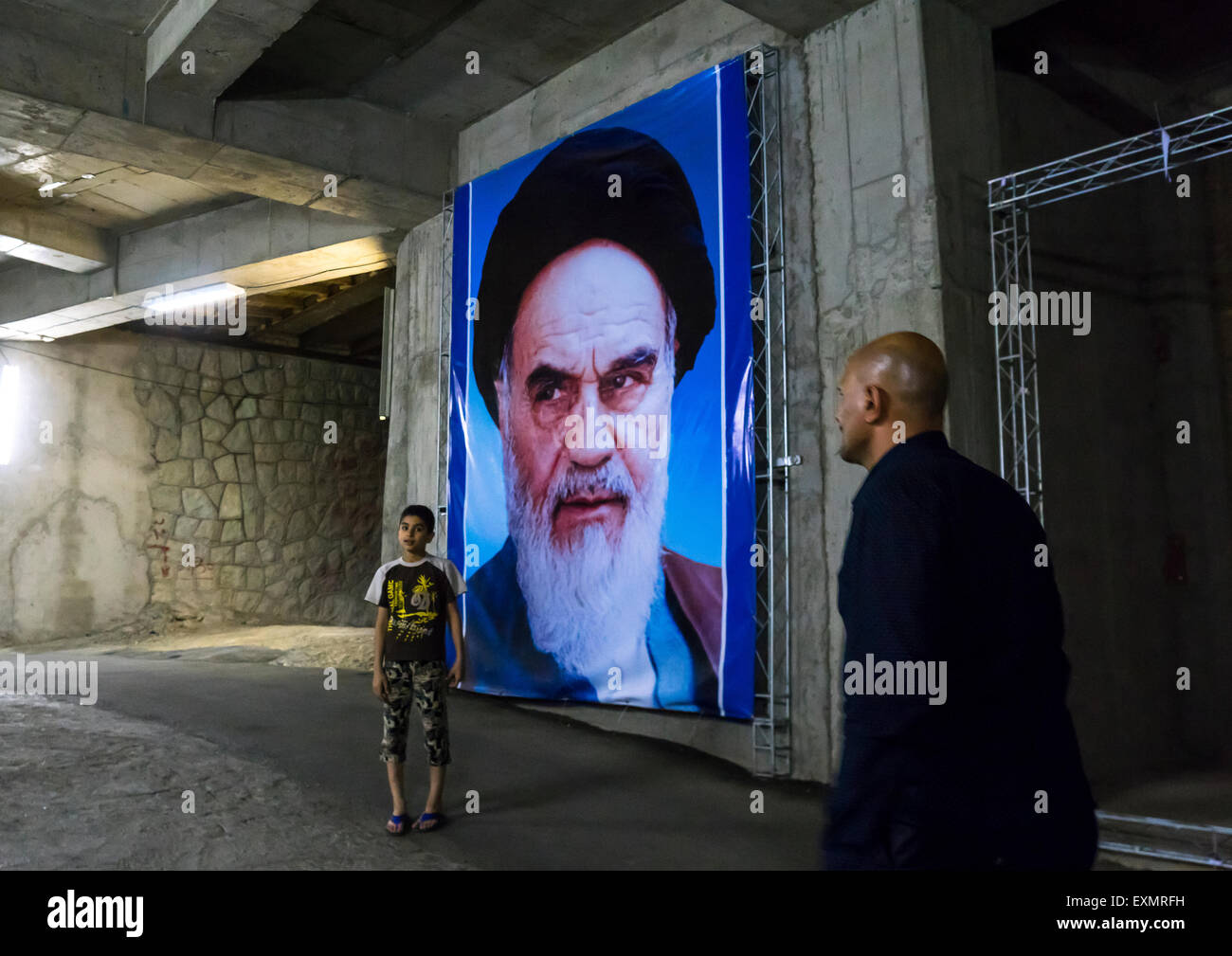 La Propaganda Segno dentro santo santuario Mausoleo Di Ayatollah Khomeini, Shemiranat County, Behesht-e Zahra, Iran Foto Stock