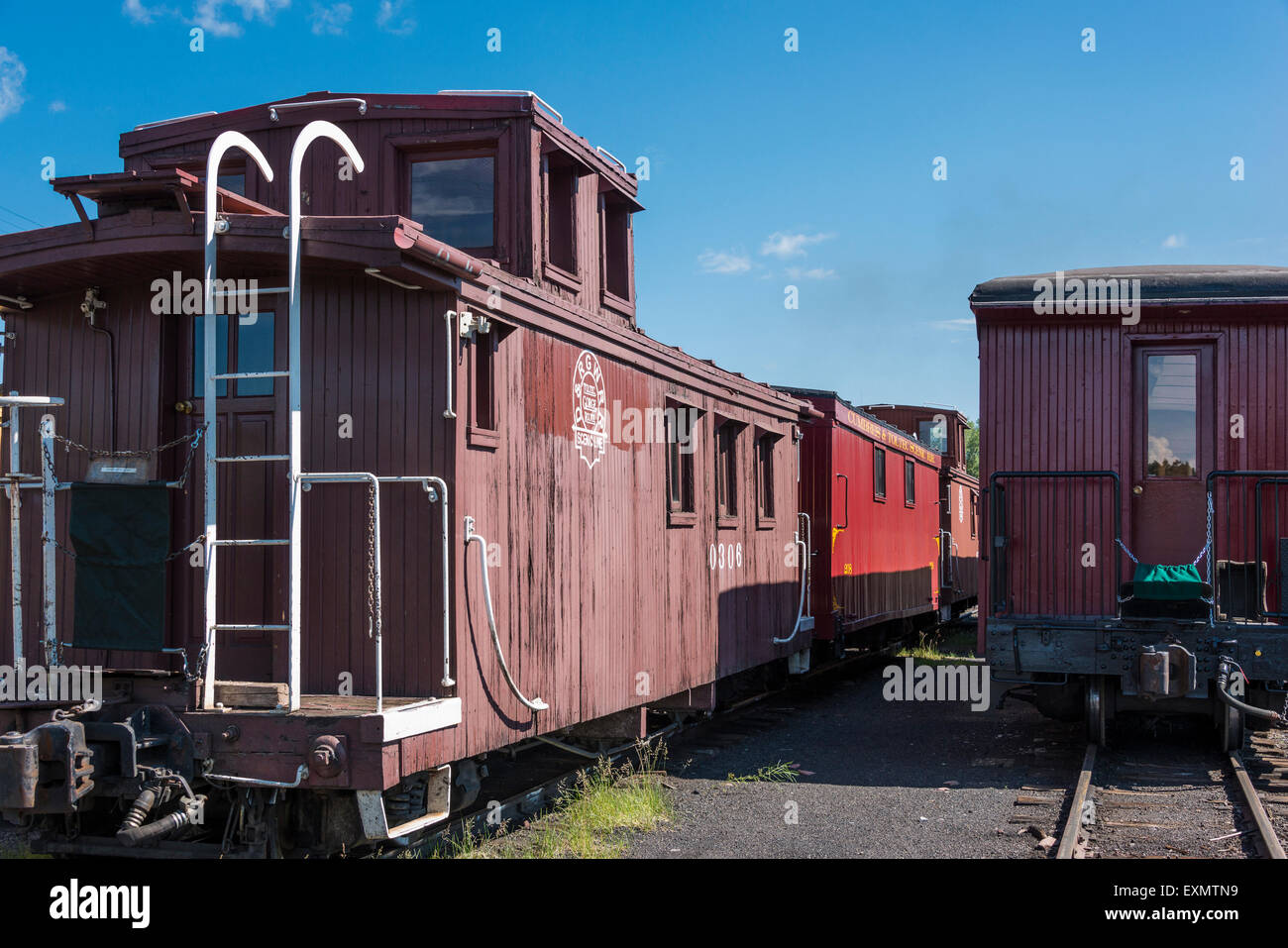 Vecchio caboose, Chama Depot, Cumbres & Toltec Scenic Railroad, Chama, Nuovo Messico. Foto Stock