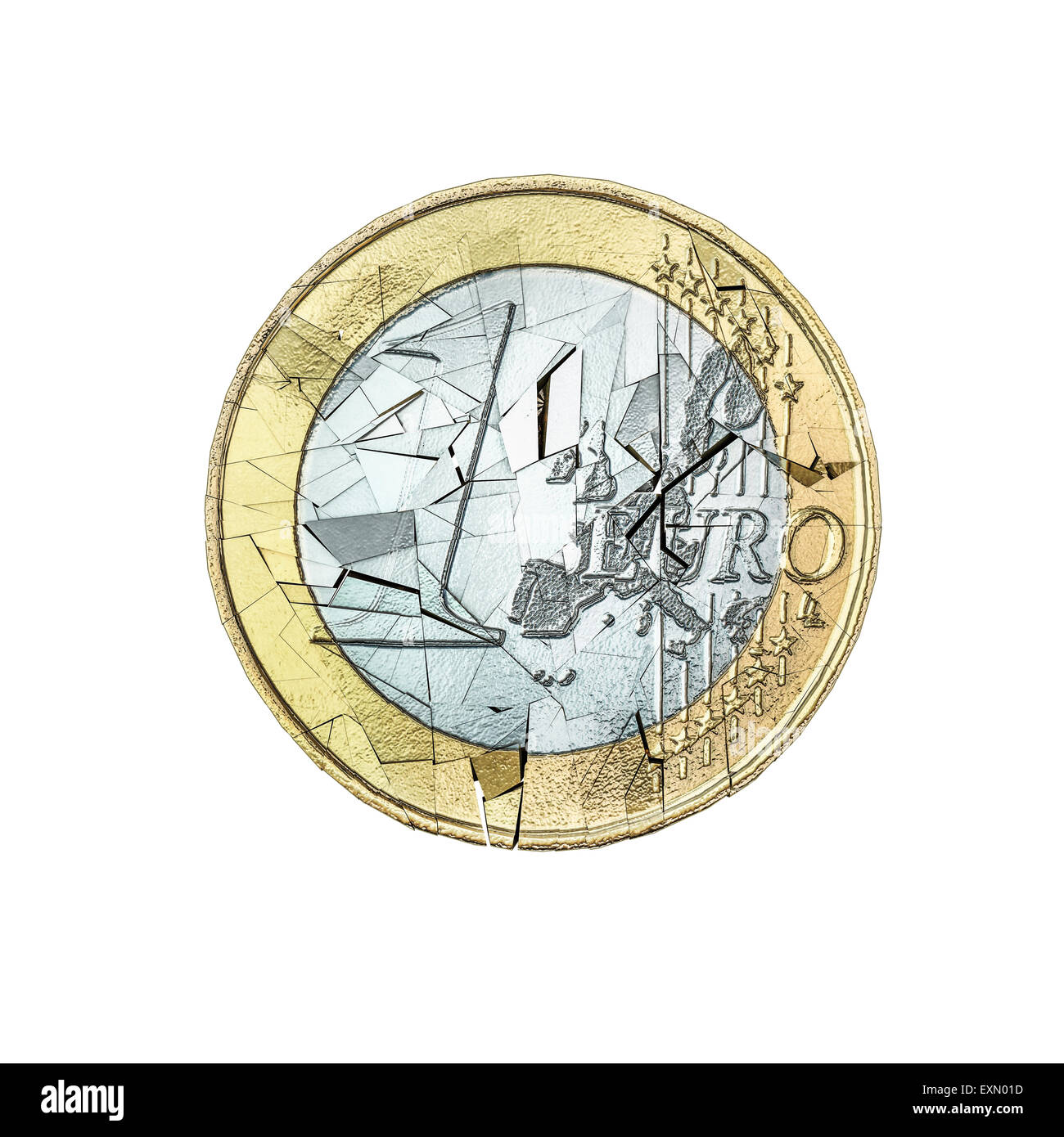 Incrinato Euro moneta isolato su sfondo bianco Foto Stock