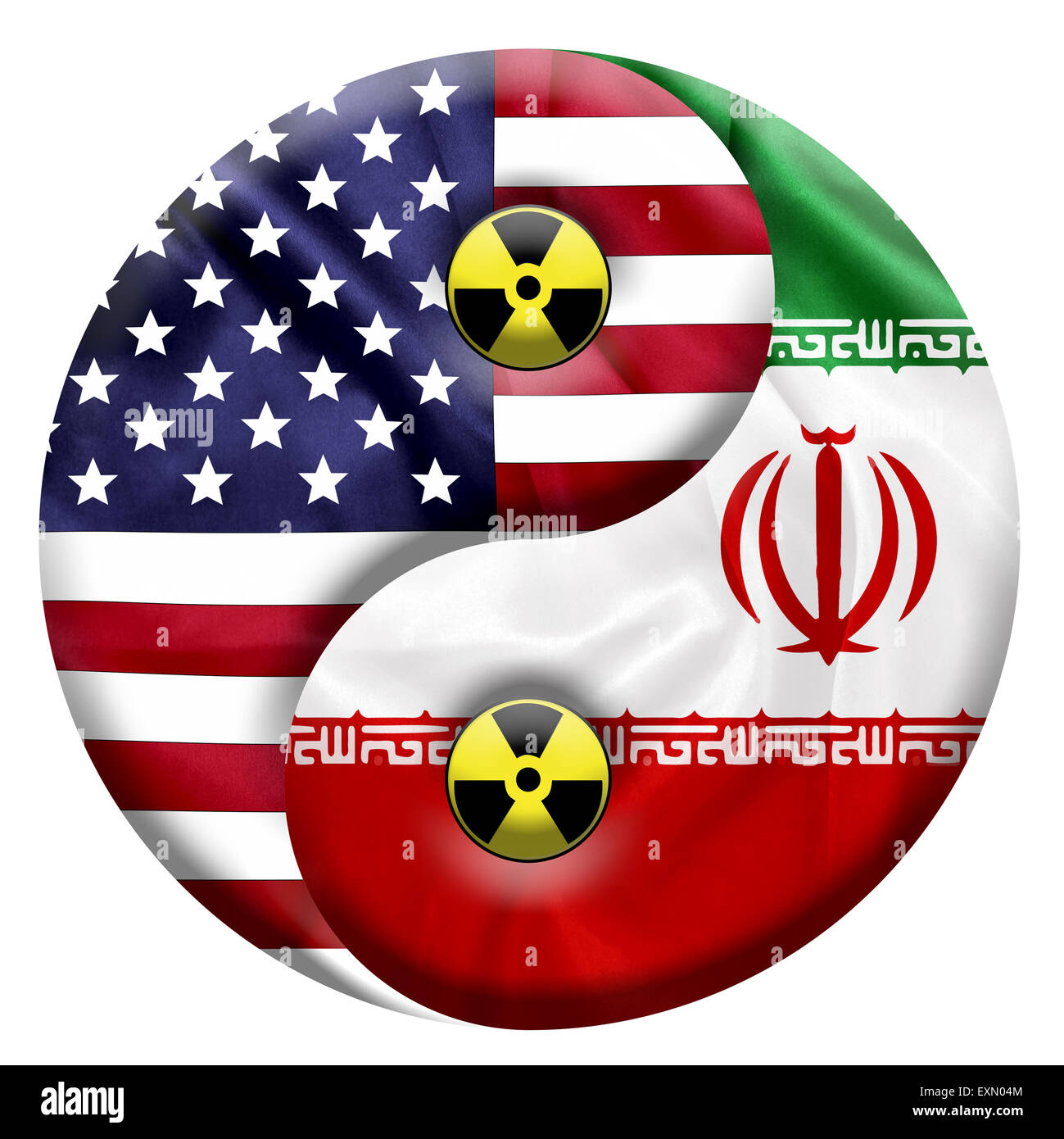 Bandiere di Stati Uniti e Iran con icona nucleare Foto Stock