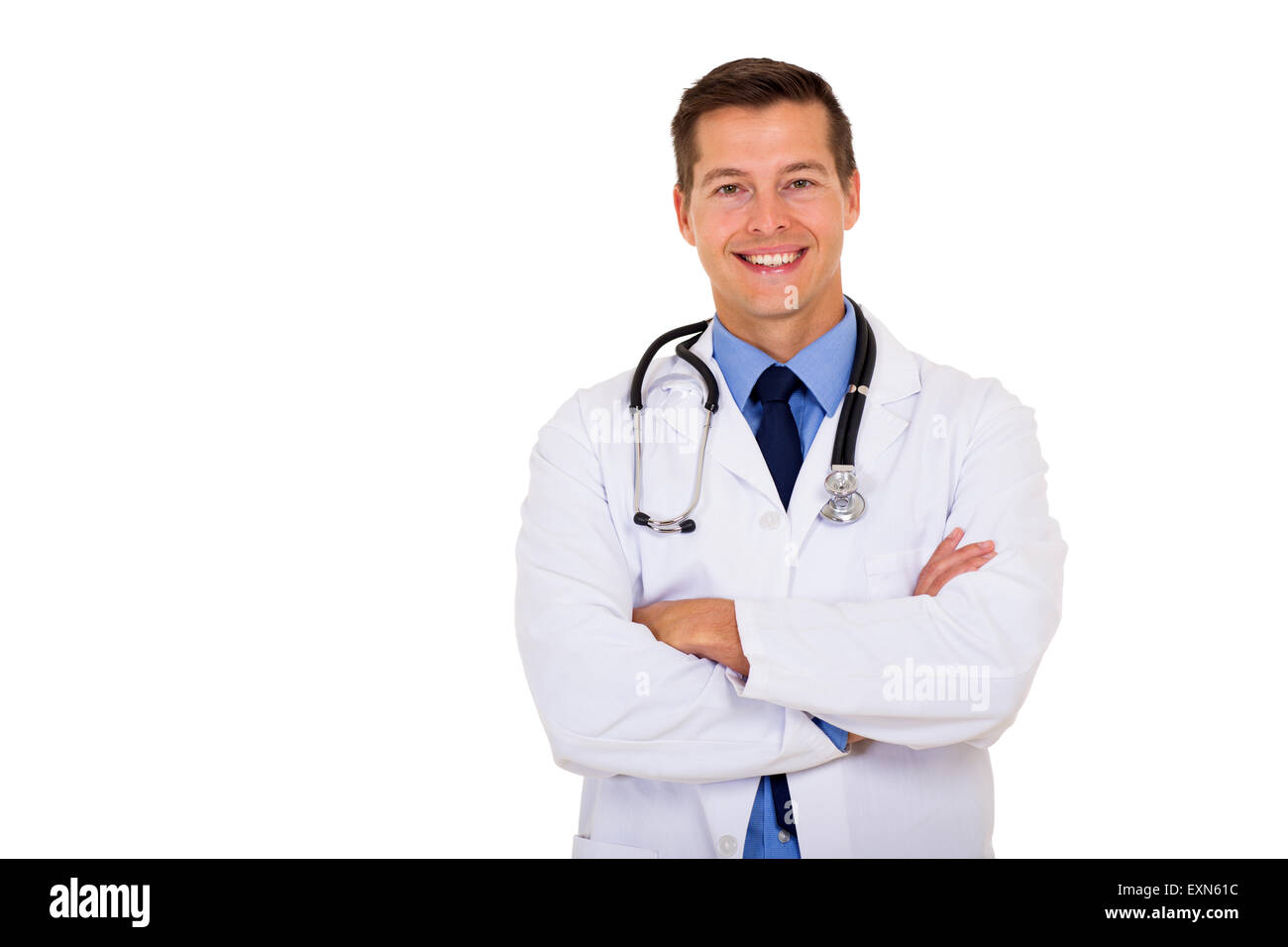 Ritratto di medico maschio isolato su sfondo bianco Foto Stock