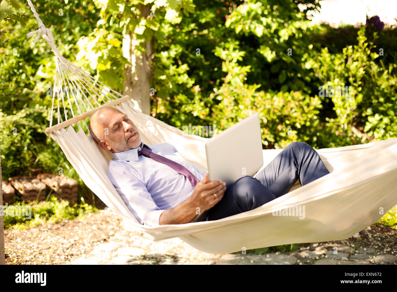 Imprenditore giacente in amaca in giardino con laptop Foto Stock