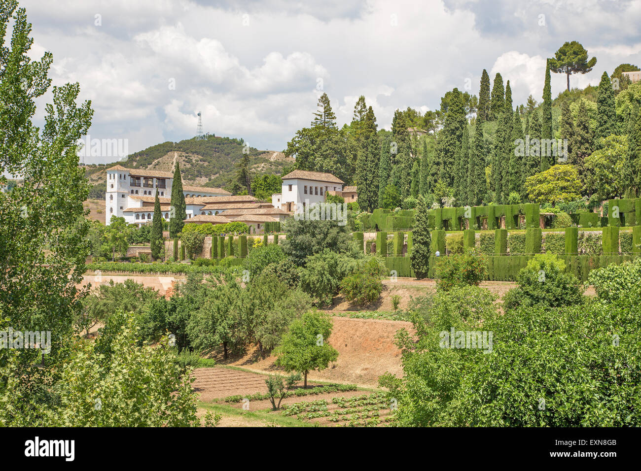 Granada - Outlook dall'Alhambra per giardini Generalife ana palace. Foto Stock