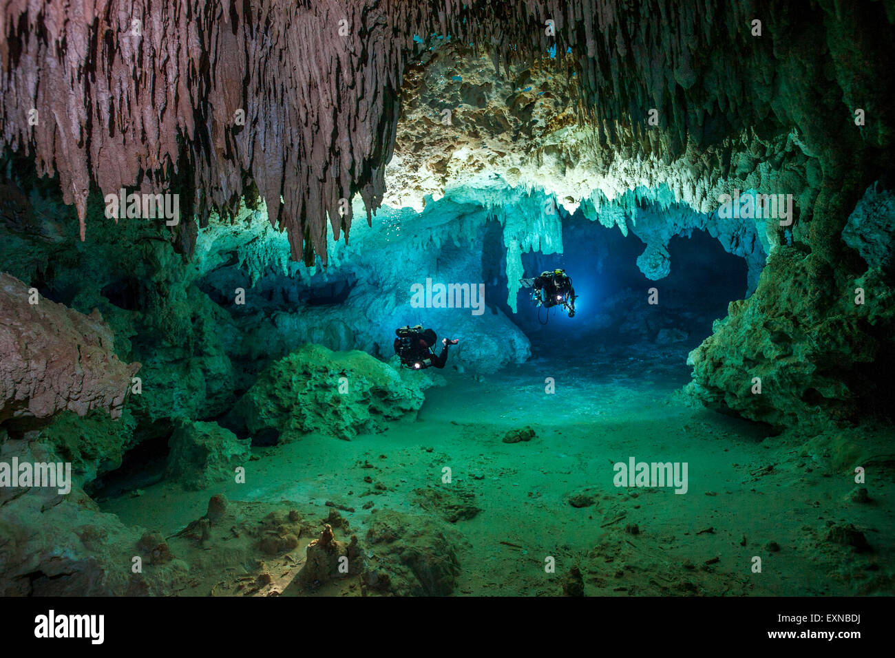 Messico, Yucatan, Tulum, due grotta subacquei ad esplorare il sistema di grotte Cenote Chan Hol Foto Stock