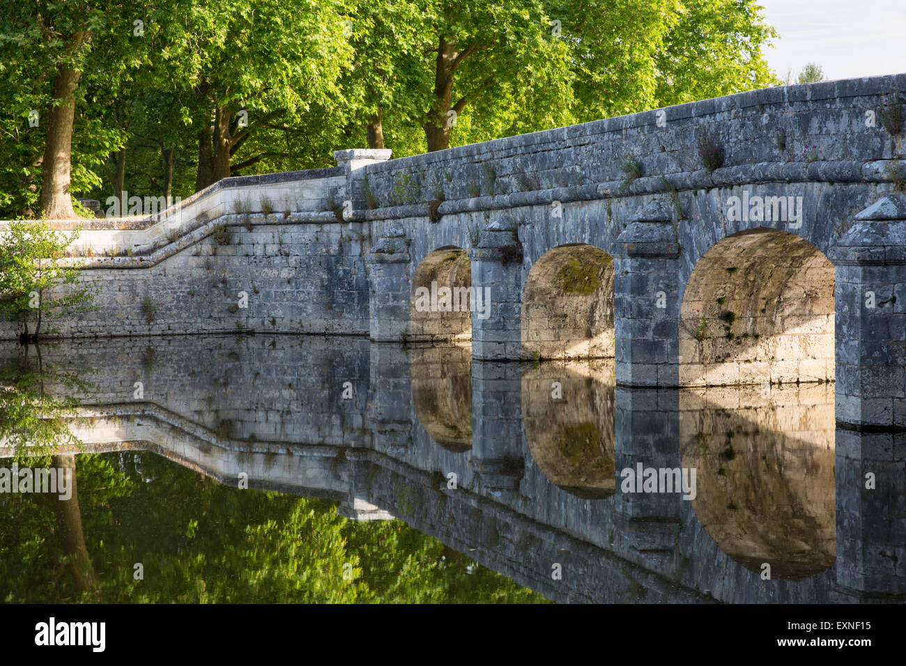 Un antico ponte in pietra che riflette nel fiume Cosson presso Chateau de Chambord, Valle della Loira, Francia Foto Stock