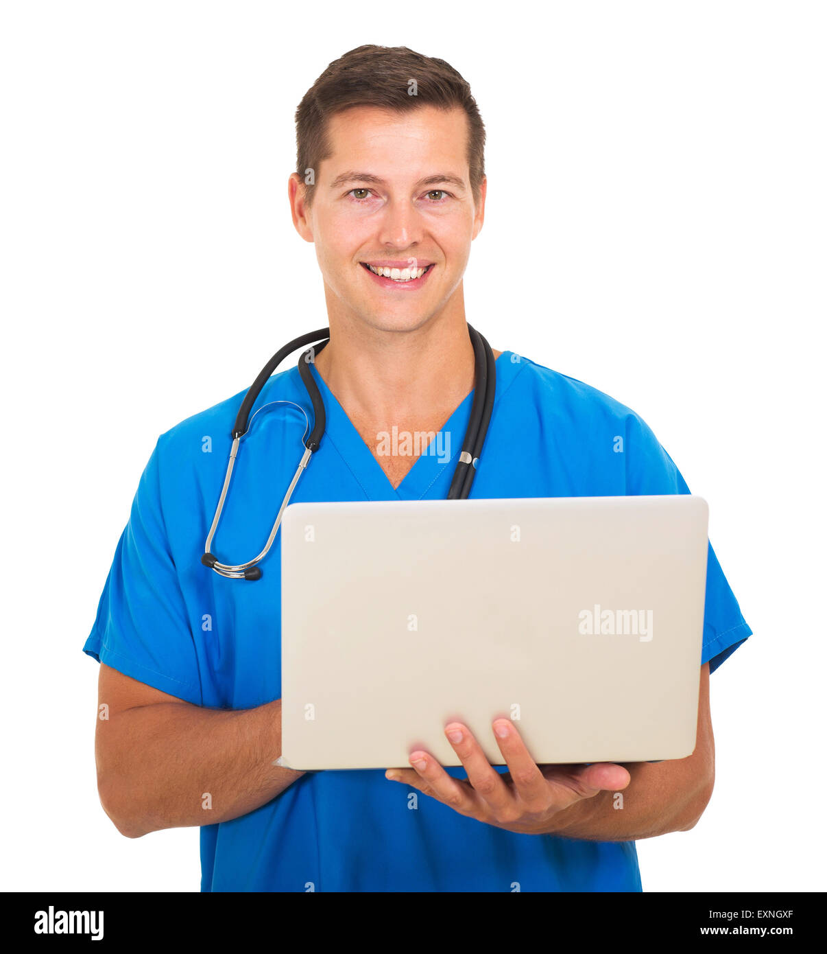 Ritratto di medico lavorando sul computer portatile Foto Stock