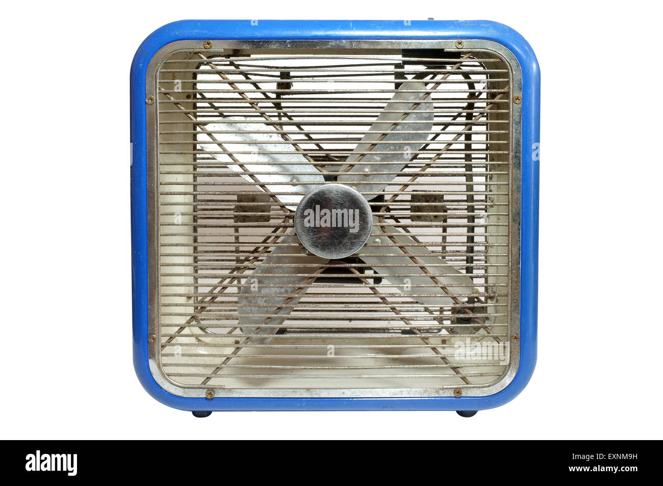 Retrò blu ventilatore elettrico su sfondo bianco Foto Stock