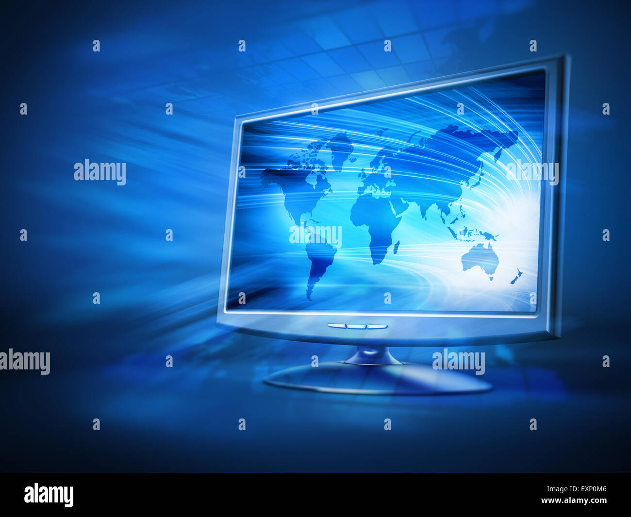 Il monitor di un computer con terra blu sfondo sullo schermo in piedi su sfondo blu Foto Stock